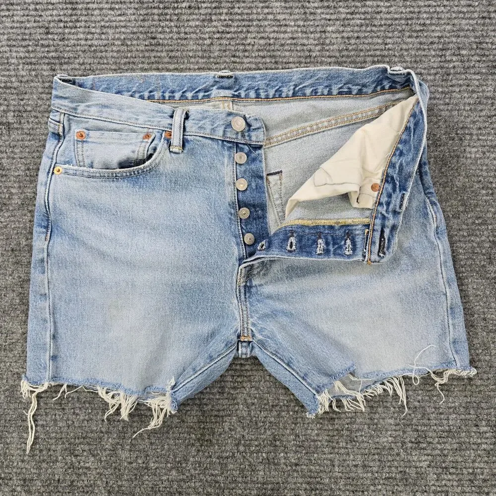 Levi's 501 Shorts Womens 32 Blue Button Fly Raw Hem Denim - Picture 2 of 7